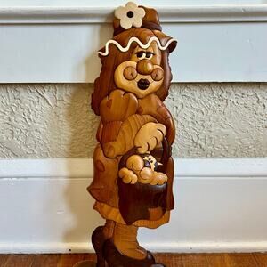 Vintage Intarsia Wood Wall Art – Lady Hobo Clown with Cat Decorative Hanging